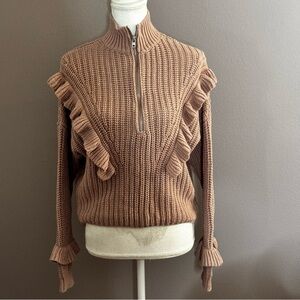 Express Ruffle Half Zip Ribbed Knit Long Sleeve Drop Shoulder Sweater Sz XS